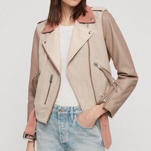 New ALLSAINTS Balfern Mix Crop Biker Moto Jacket Belted Suede Leather Pink‎ Sz 0